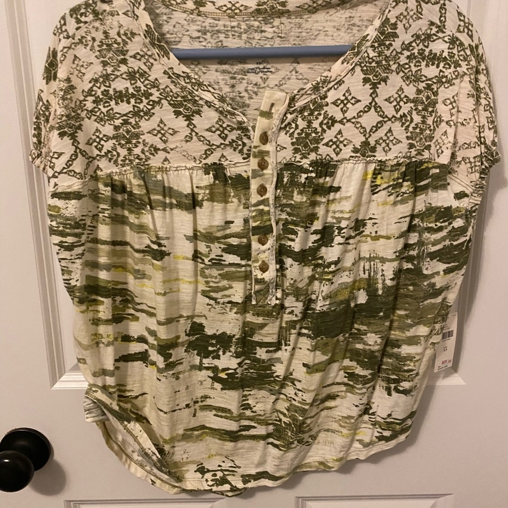 Anthropologie Olive and Cream Abstract Top